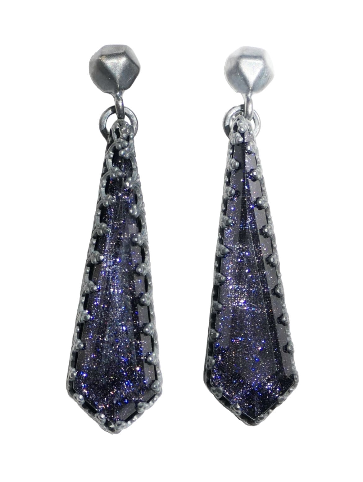 Celestial earrings with blue goldstone in dark oxidized sterling silver dangle design sparkling like a starry night sky