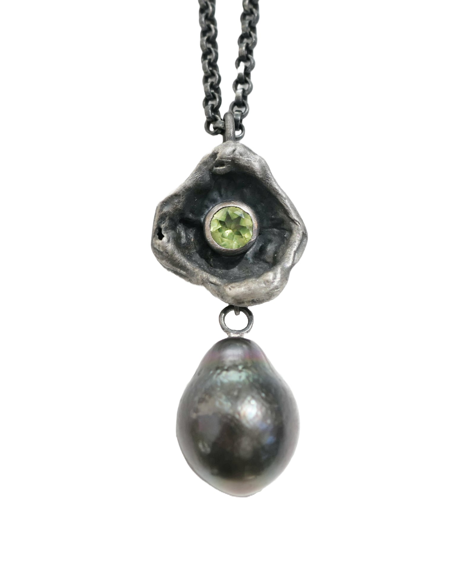 Watercast silver peridot pendant with dark Tahiti pearl on black sterling silver chain