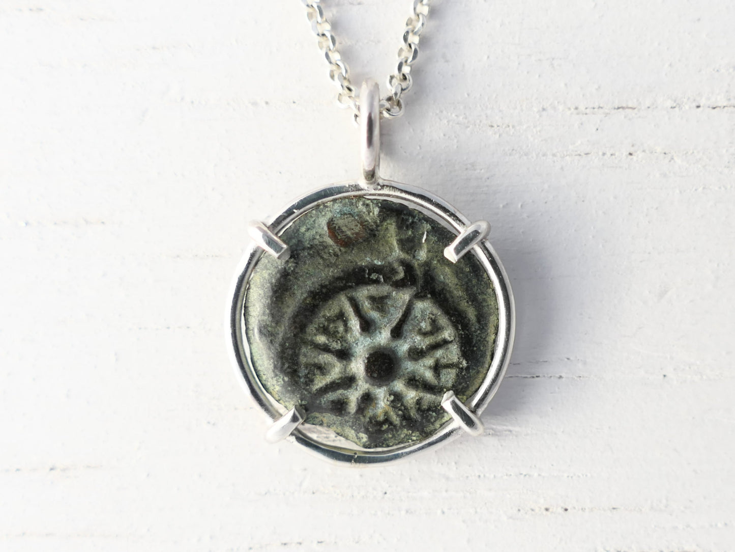 Ancient widows mite coin pendant with a 2000-year-old bronze coin set in sterling silver on a silver chain