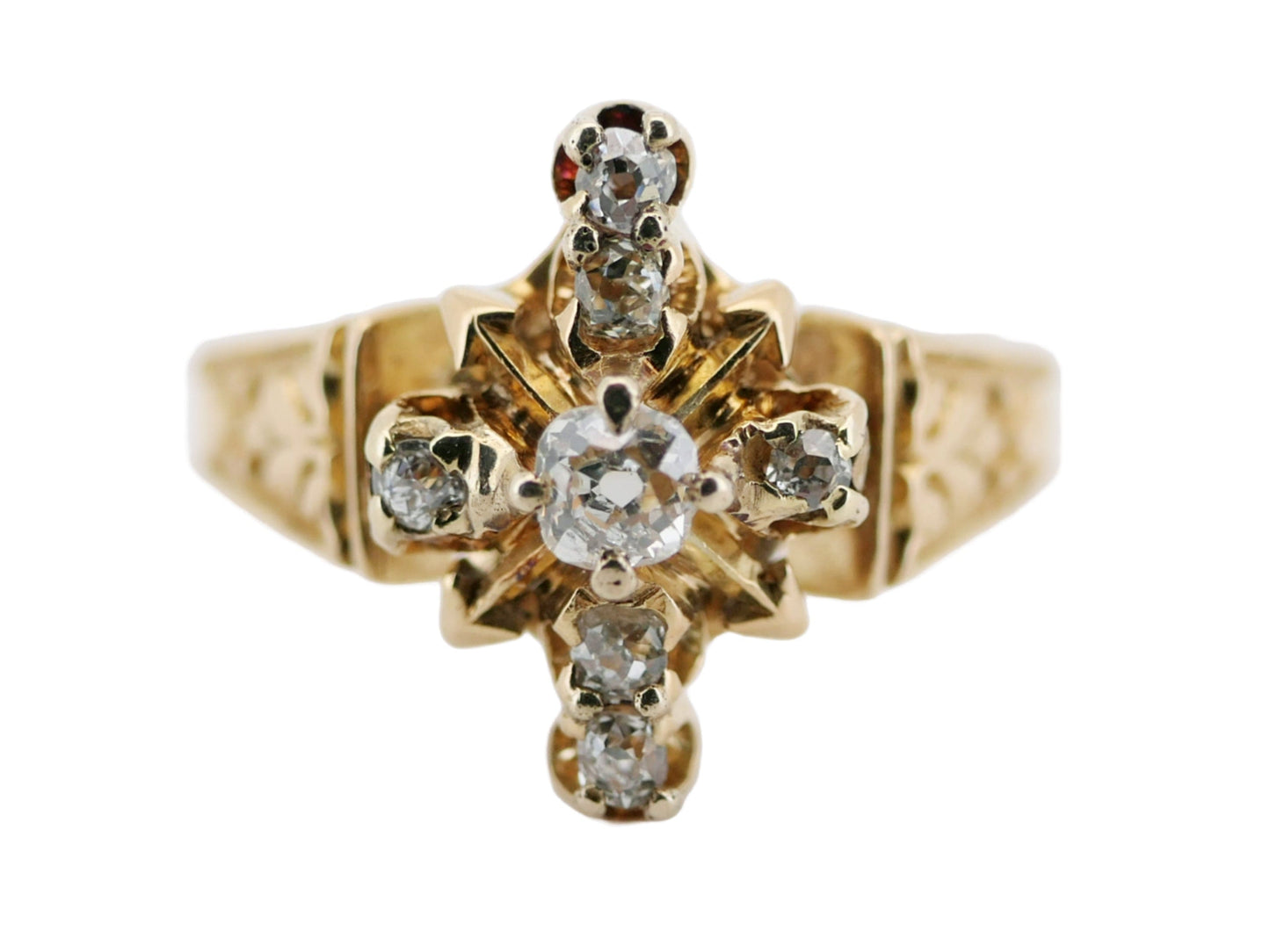 antique diamond ring 18k yellow gold with mine cut diamonds and intricate scrollwork band