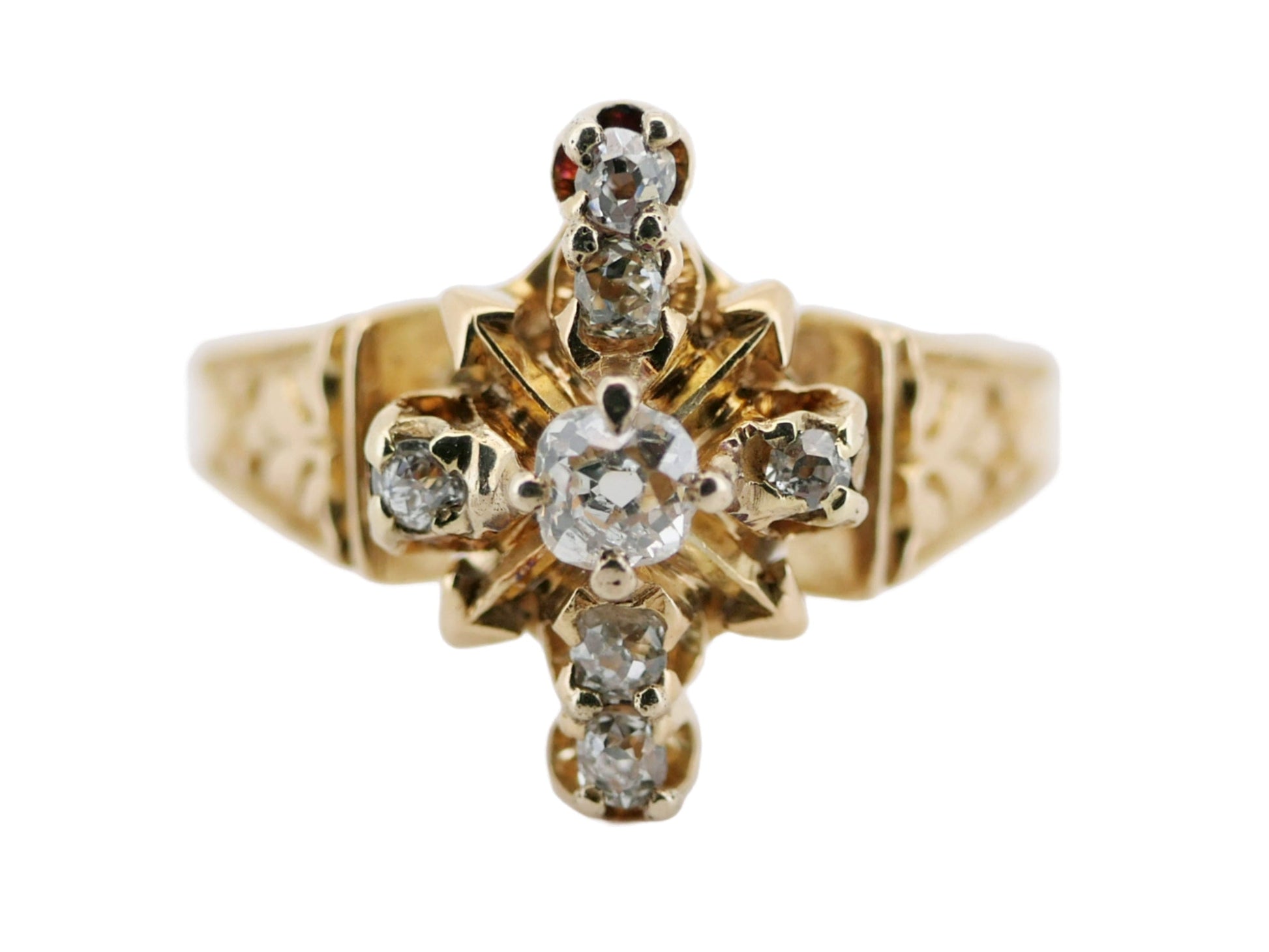 antique diamond ring 18k yellow gold with mine cut diamonds and intricate scrollwork band