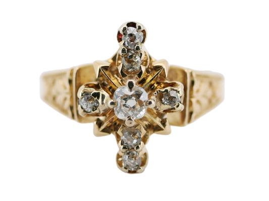 antique diamond ring 18k yellow gold with mine cut diamonds and intricate scrollwork band