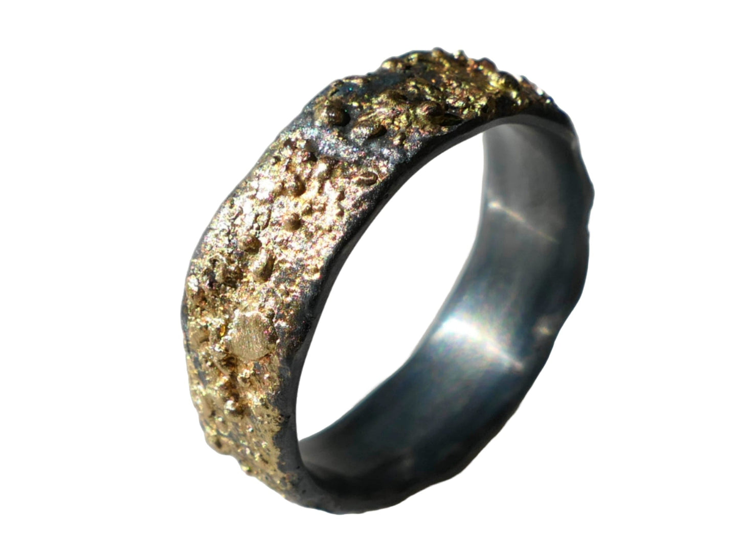 unique men's ring in black sterling silver with fused 14k gold