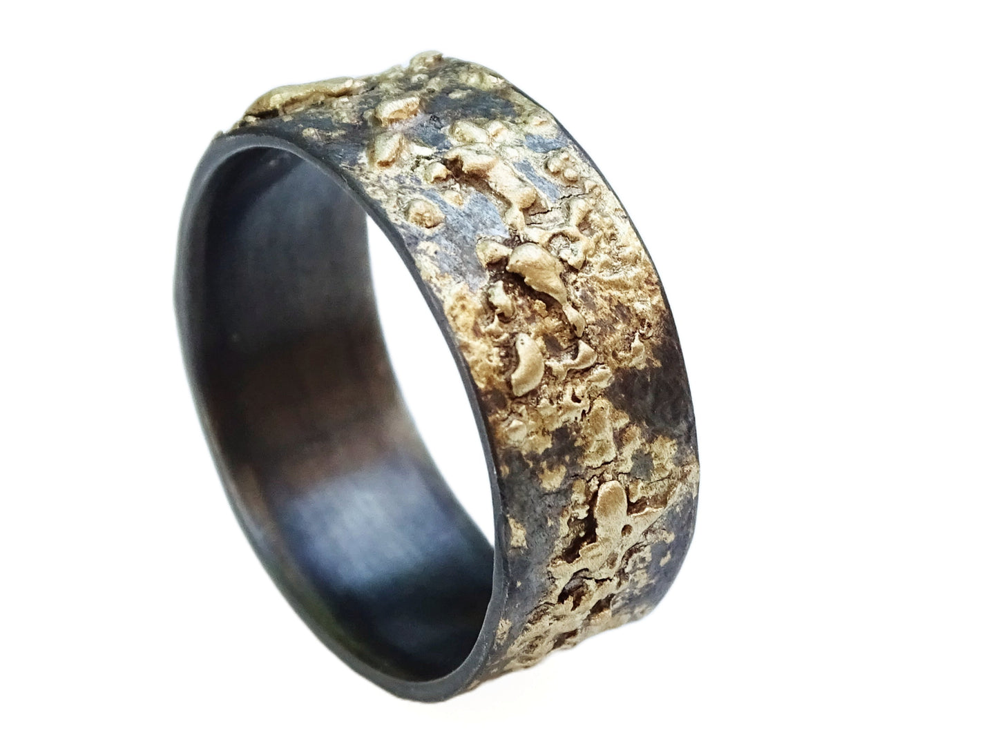 Fused gold and dark oxidized silver modern wedding band with unique textured 14k gold pattern handcrafted ring