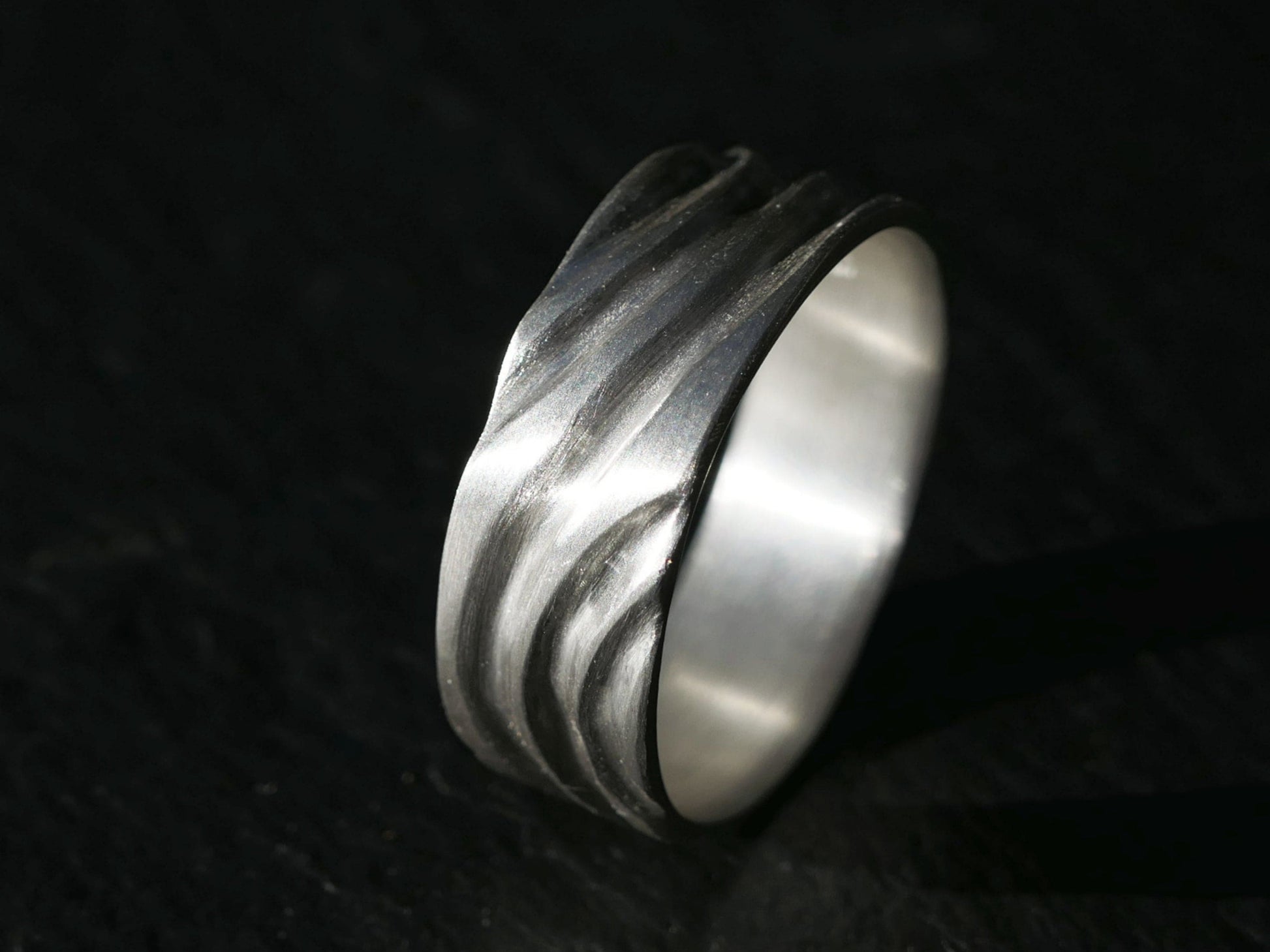 unique wedding band sterling silver ring with sculptural water ripple design and hand carved texture