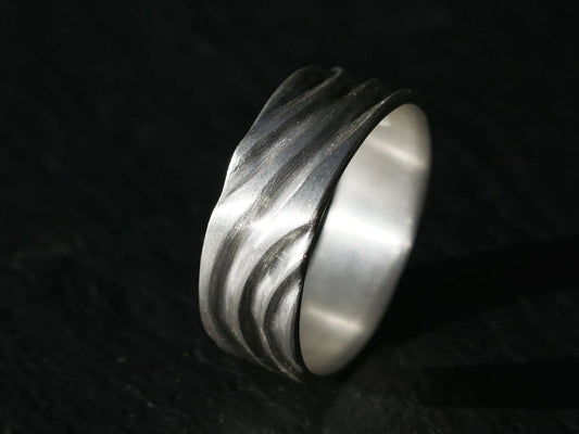 unique wedding band sterling silver ring with sculptural water ripple design and hand carved texture