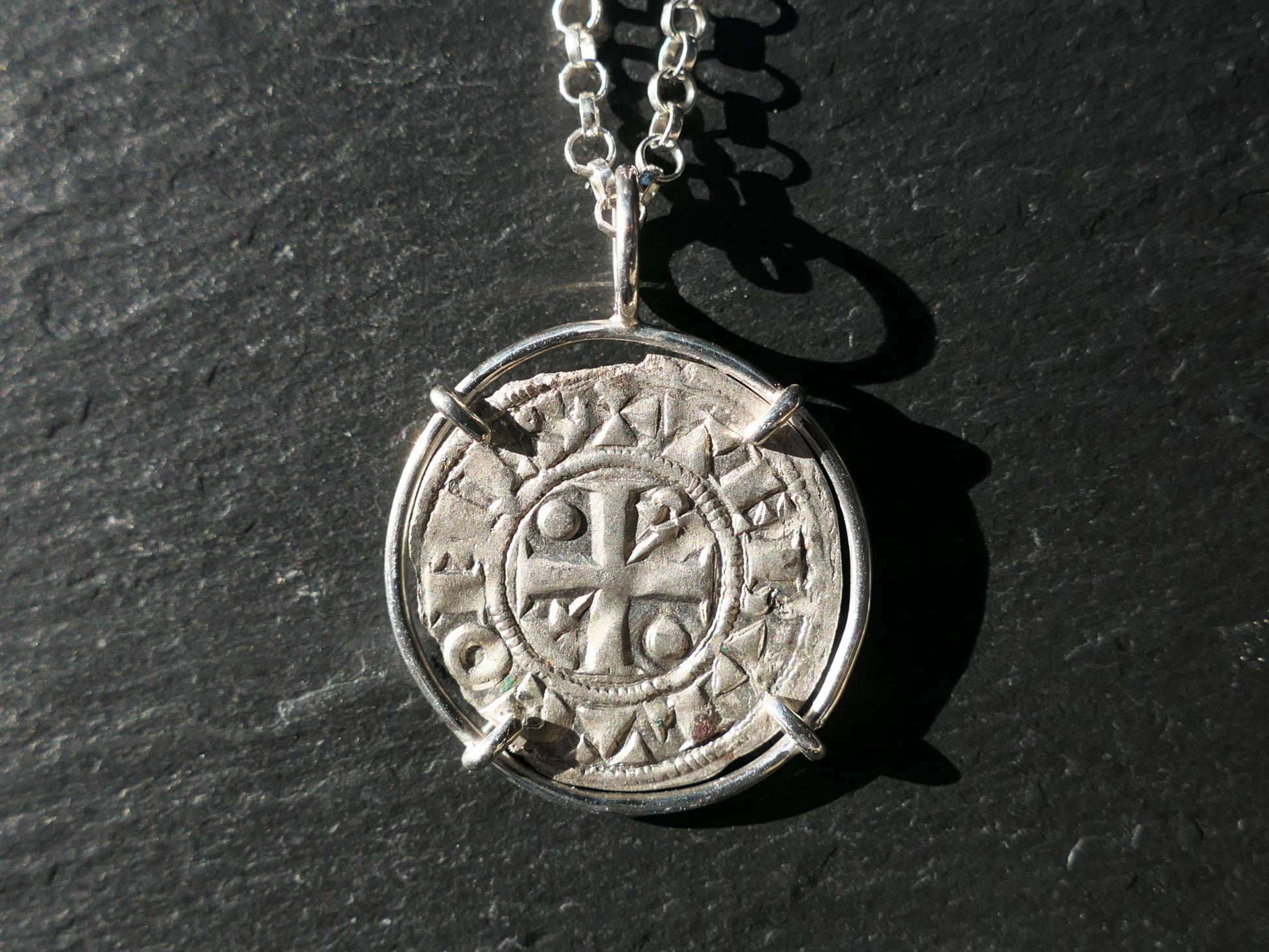 French medieval Crusader coin pendant set in minimalist sterling silver on chain