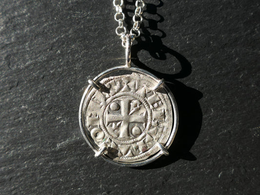 French medieval Crusader coin pendant set in minimalist sterling silver on chain