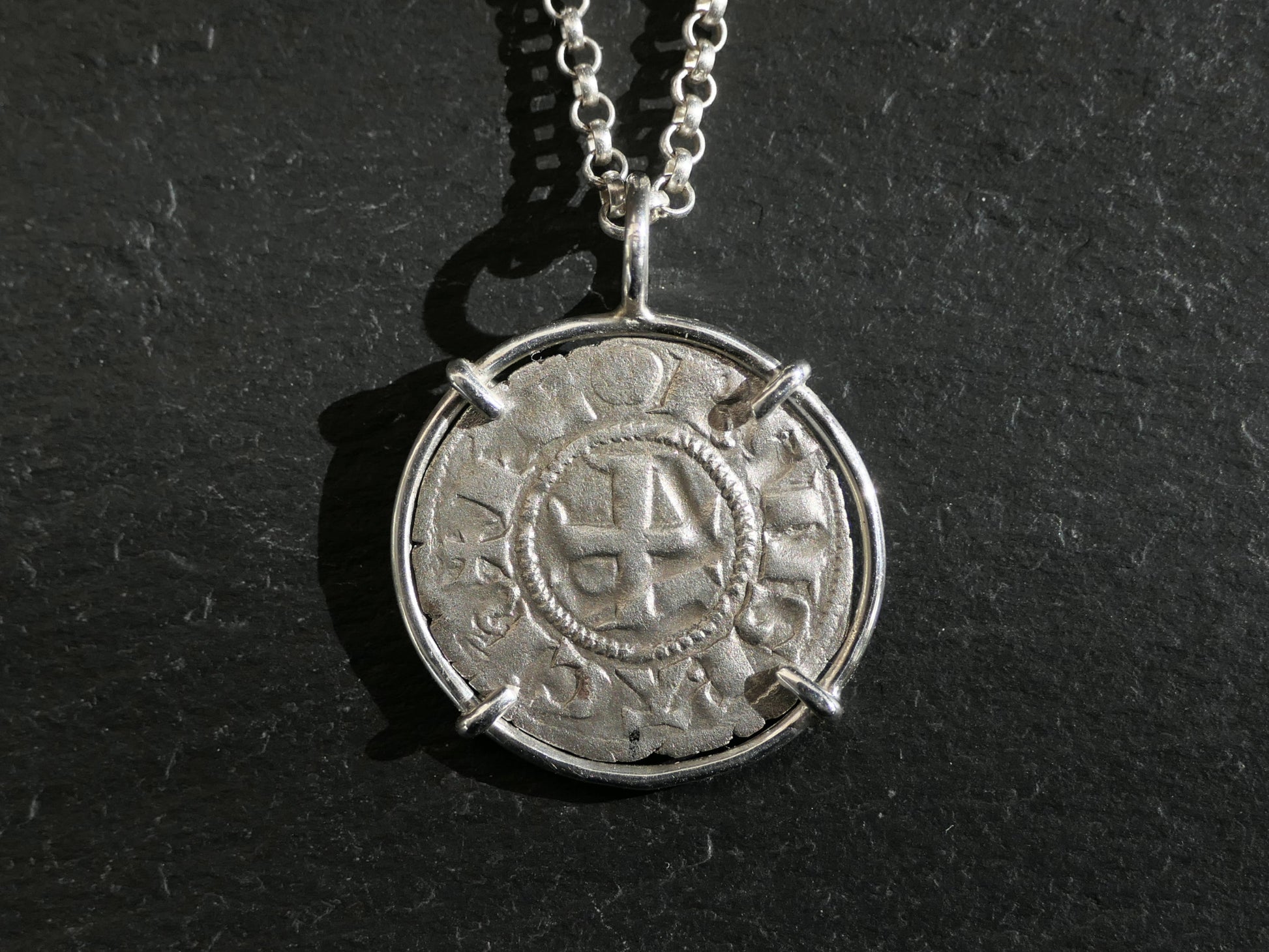 authentic silver Crusader coin necklace with Knights Templar design