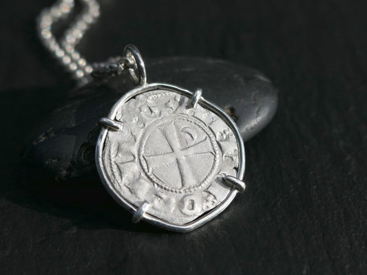 medieval silver coin pendant of Bohemund III in sterling silver setting on chain