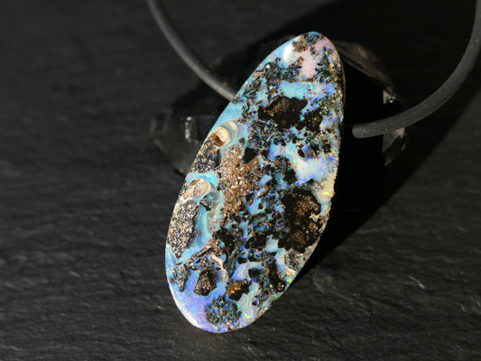 Rainbow Australian boulder opal pendant with black neoprene cord and sterling silver clasp