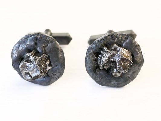 Dark silver meteorite cufflinks with oxidized sterling silver and iron meteorite center from Campo del Cielo.