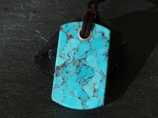 Turquoise dog tag necklace with sterling silver-lined hole on adjustable dark brown paracord