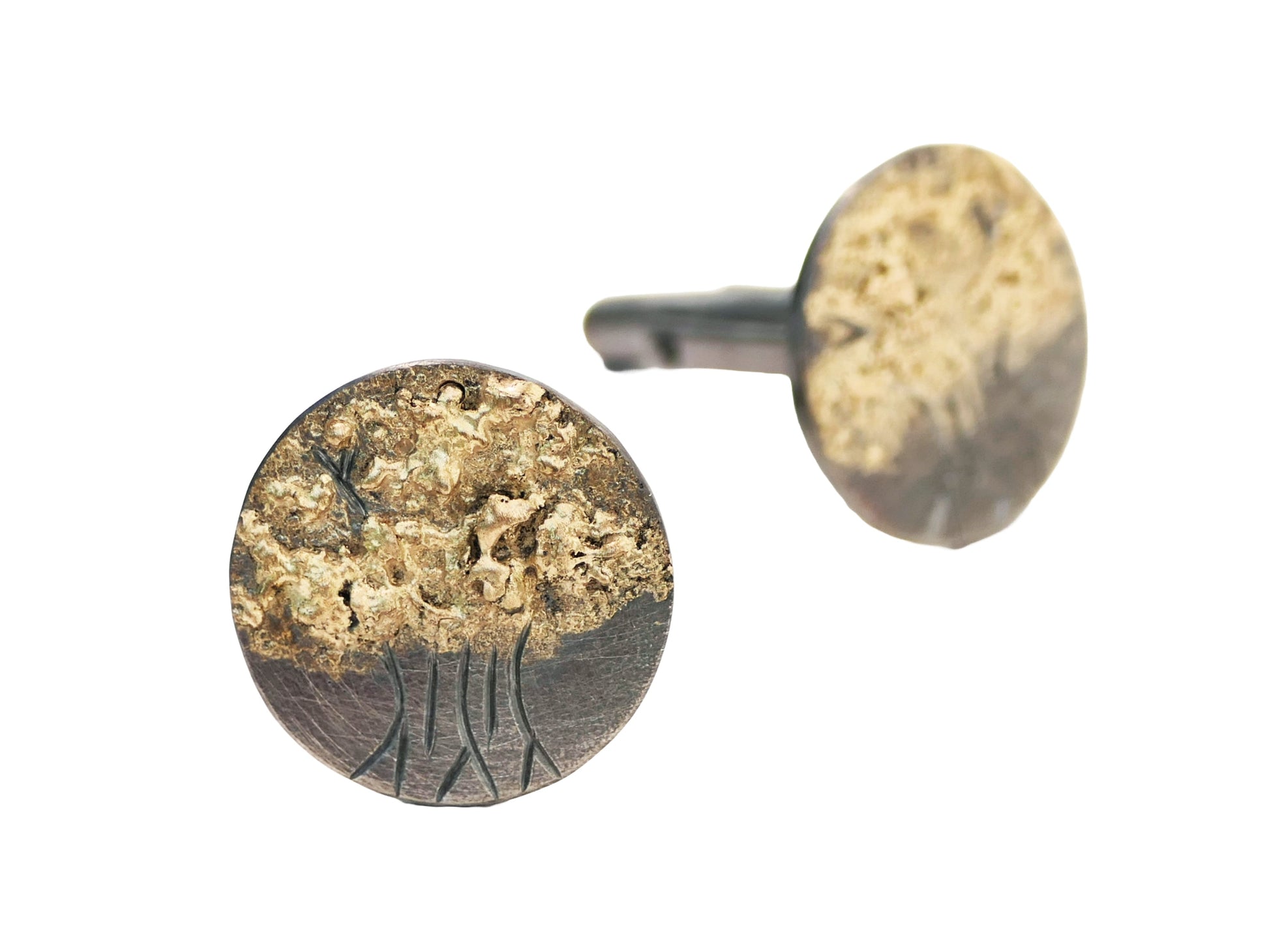 Hand engraved tree of life cufflinks in darkened silver with molten 14k gold accents, unique and handcrafted.