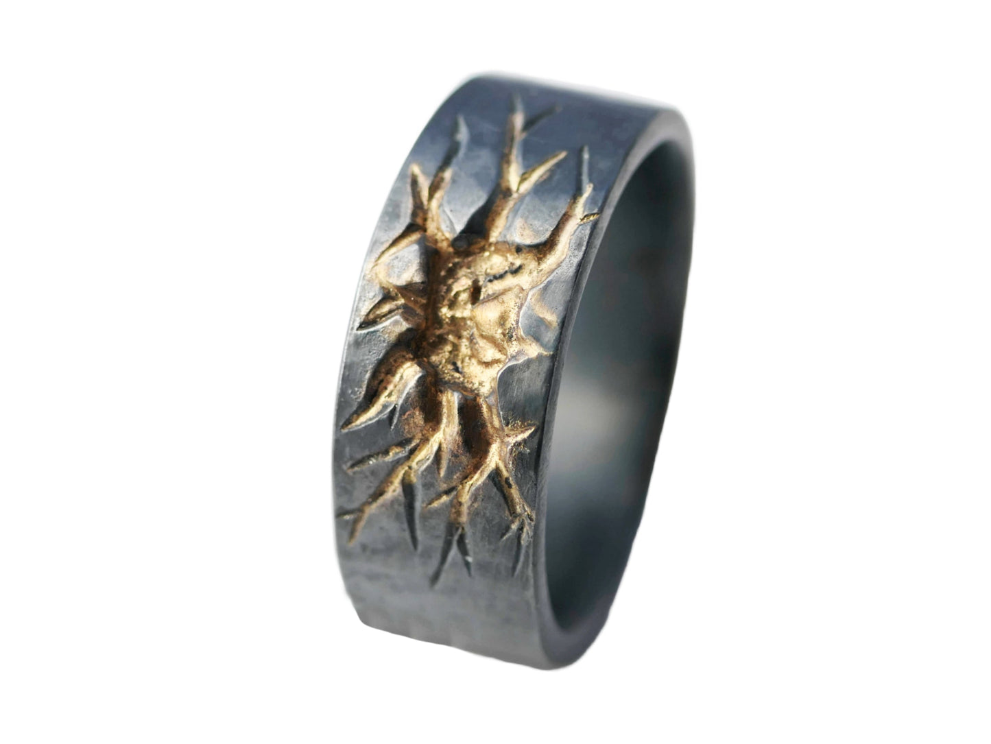 hand carved wedding band in dark oxidized silver with 18k gold brain-cell pattern