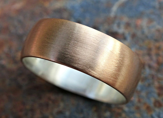 domed bronze silver ring with matte brushed finish and inner sterling silver band