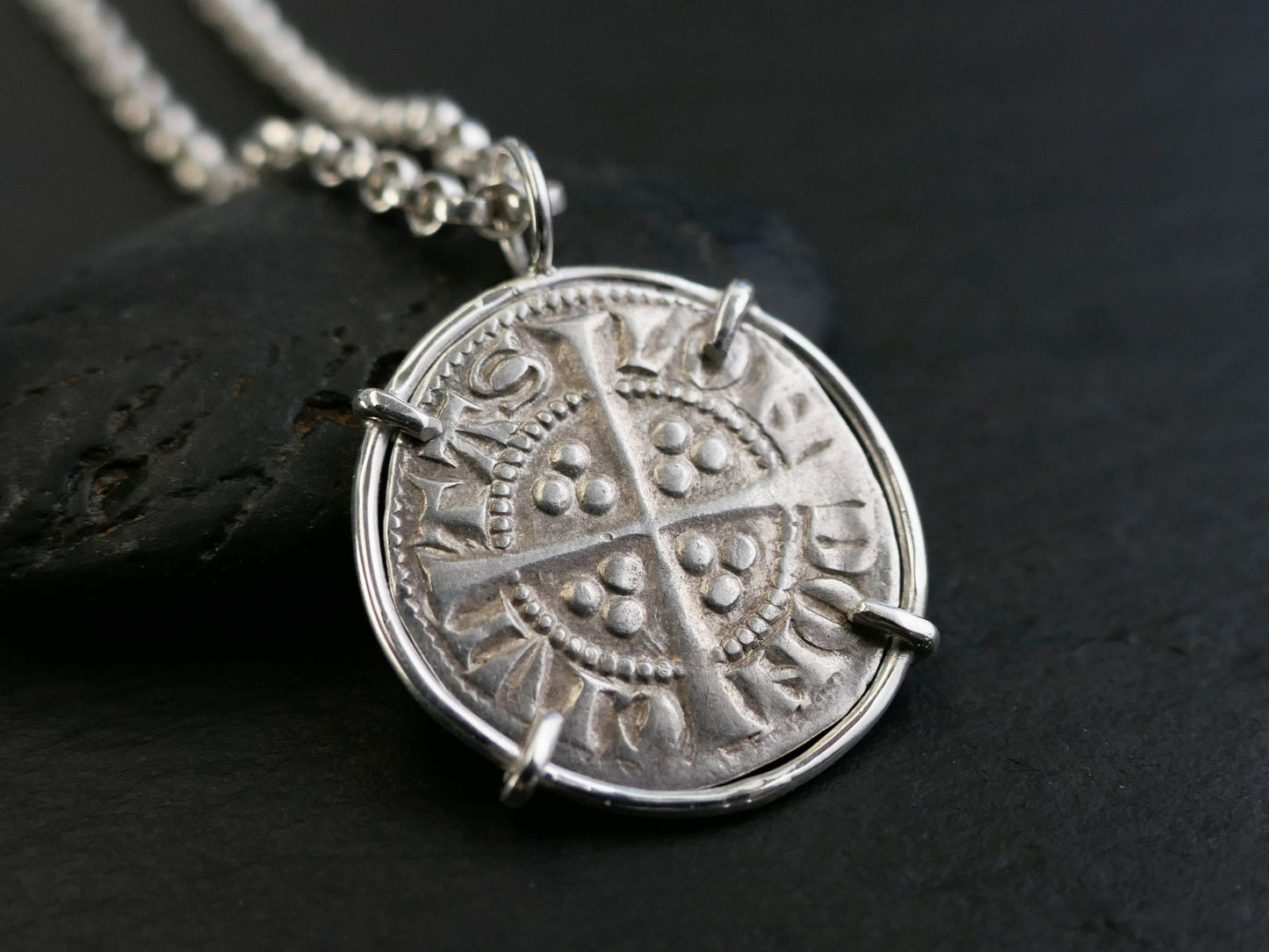 historic English coin pendant with medieval silver penny in sterling silver setting