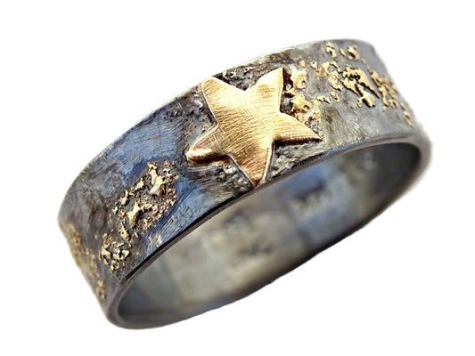 14k gold star ring on sterling silver band with unique molten texture, handcrafted wedding ring design