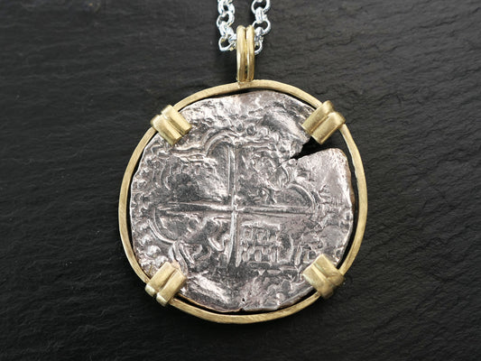genuine 8 Reale Atocha coin pendant set in handcrafted 18k gold with sterling silver chain