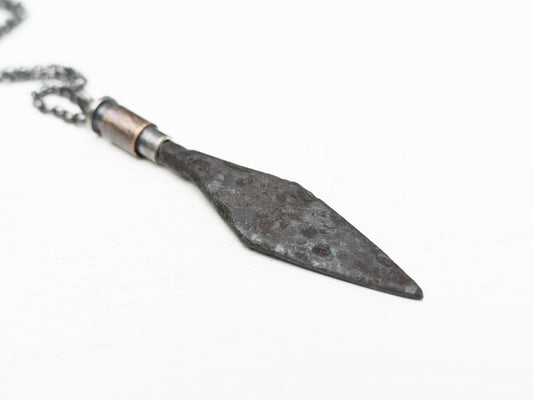 Authentic Medieval Viking arrowhead pendant with iron arrowhead and sterling silver bronze setting on black chain