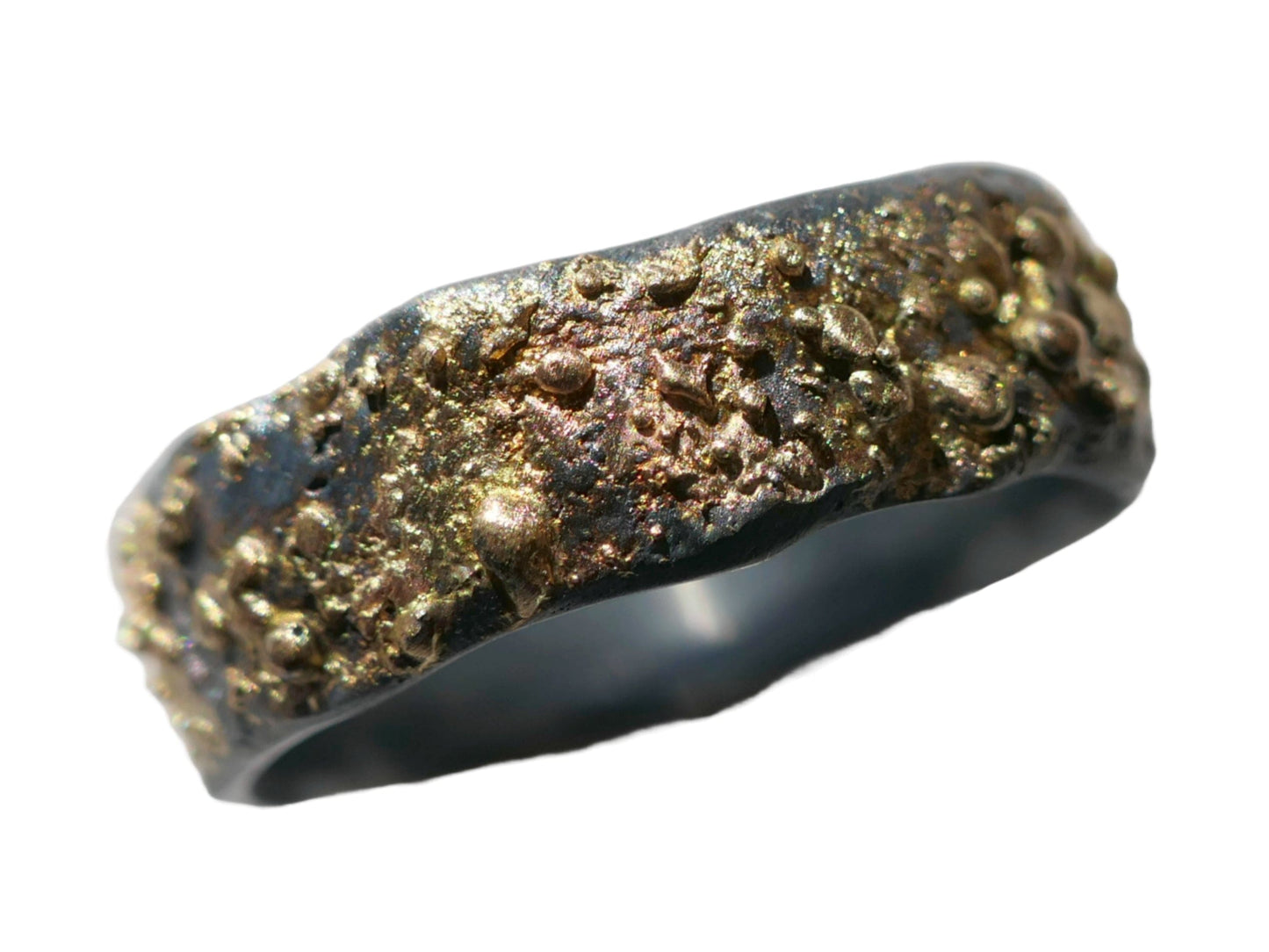 unique men's ring in black sterling silver with textured molten 14k gold fusion band