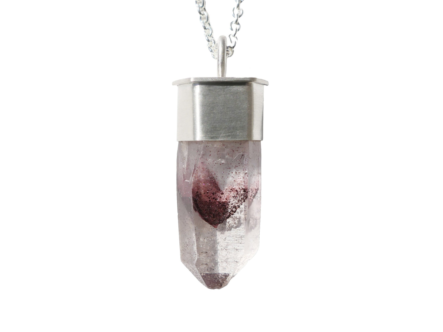 Hematite phantom quartz crystal necklace with sterling silver setting.