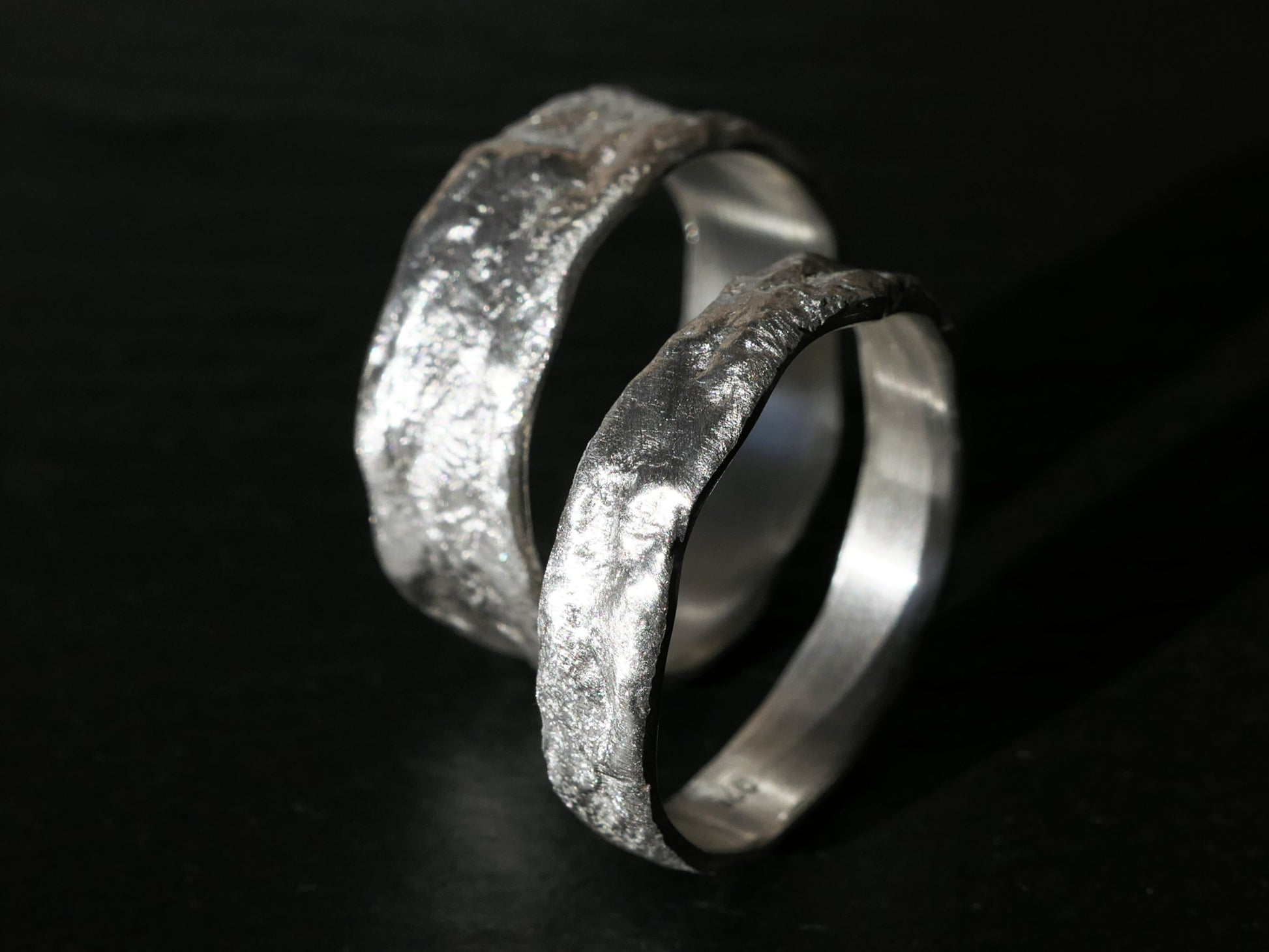 matching wedding ring set his and hers molten silver bands with unique textured matte finish