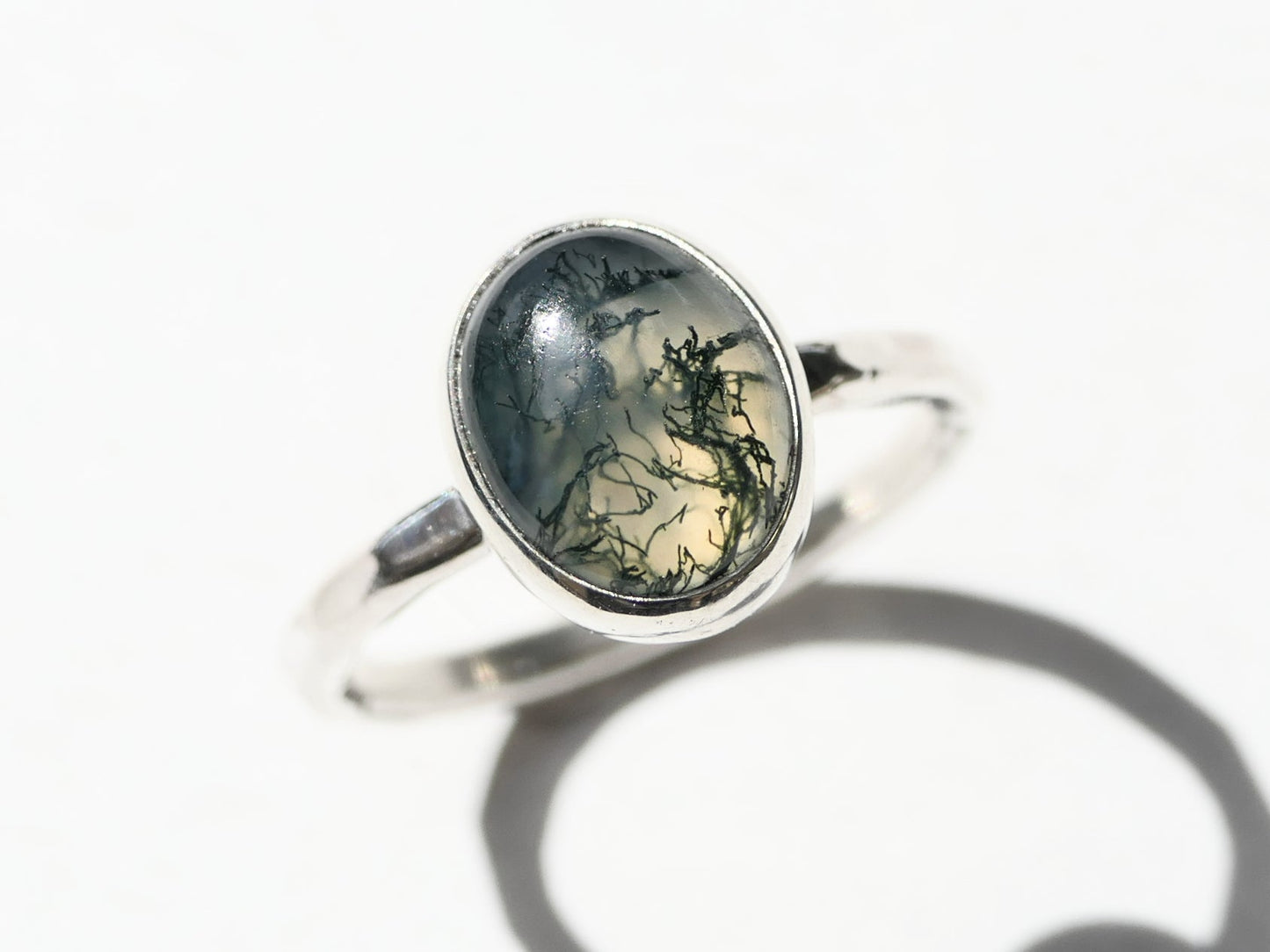 Silver moss agate ring with authentic gemstone and hammered sterling silver band.