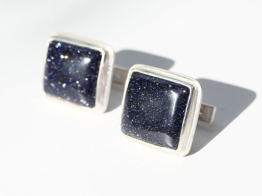 blue goldstone cufflinks in sterling silver with sparkly design