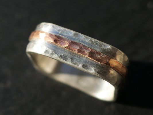 Handcrafted square engagement ring with hammered sterling silver and bronze accent band