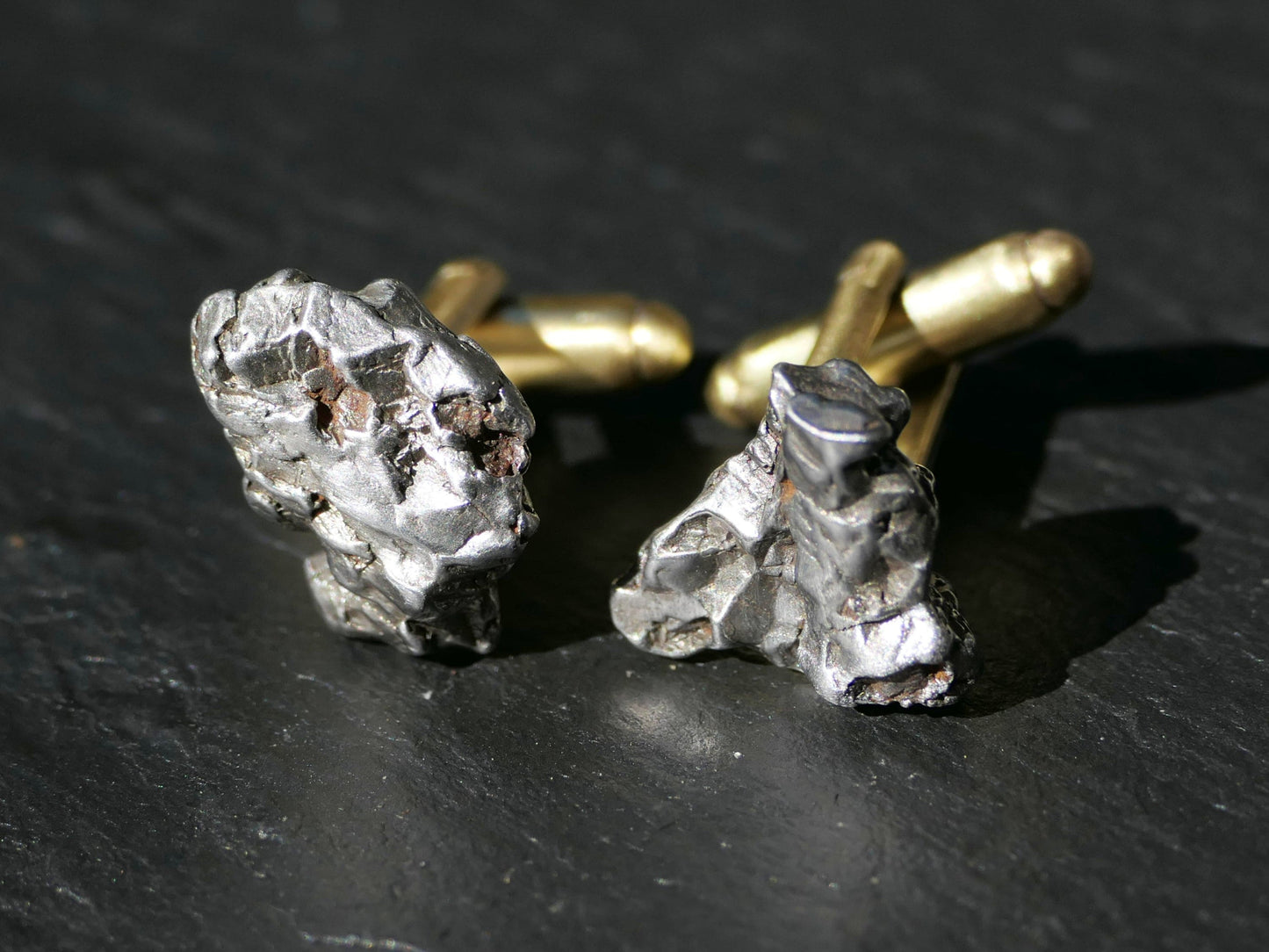 Genuine iron meteorite cuff links with brass backs, unique Campo del Cielo meteorite design, made to order, elegant gift.