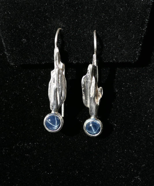 Handmade blue star sapphire earrings made from reclaimed sterling silver.