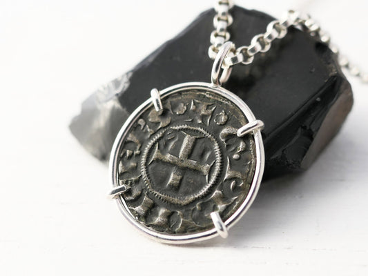 Sterling silver pendant featuring an authentic ancient Knights Templar Crusader coin with a cross design and medieval inscriptions.