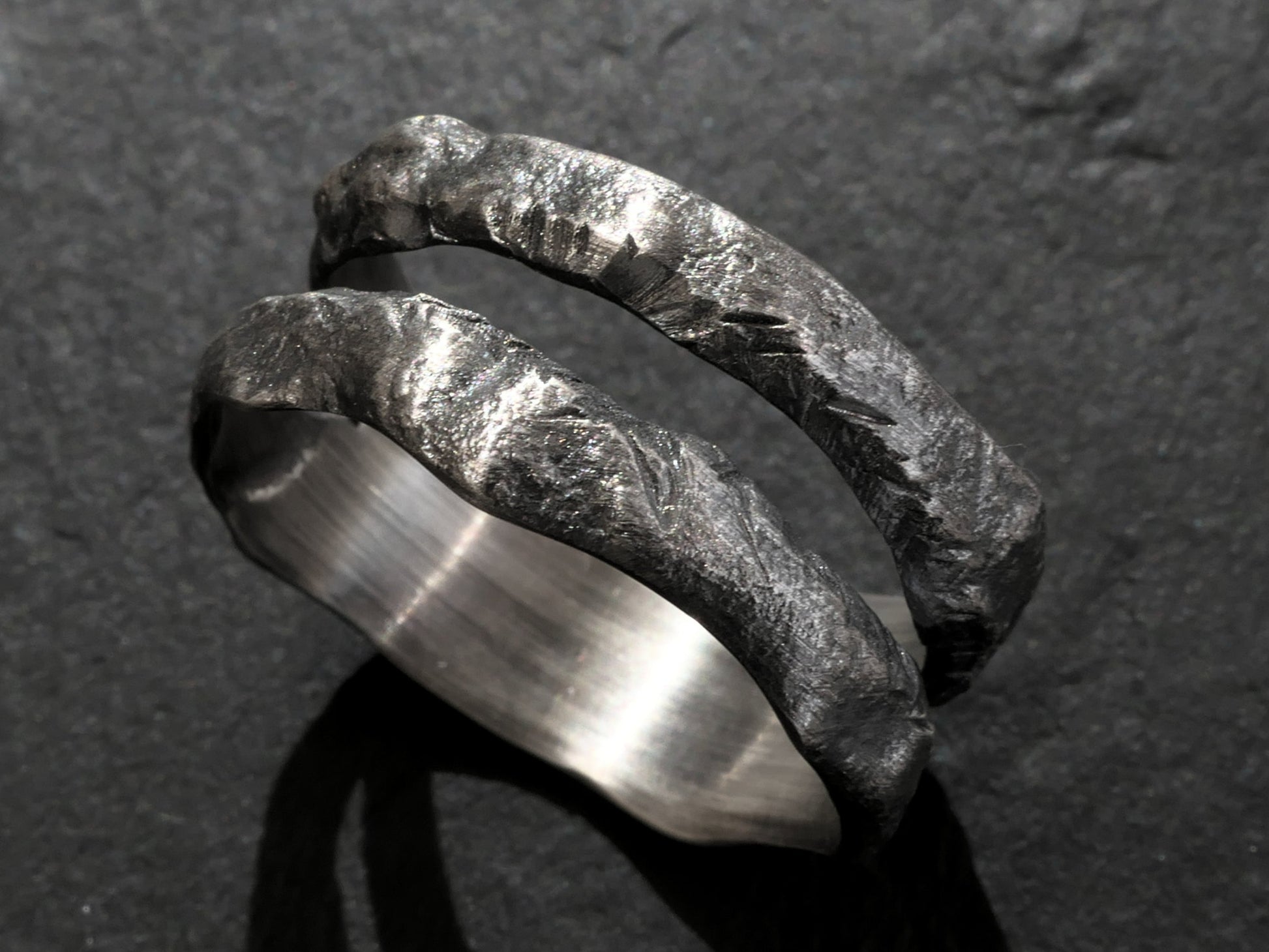 silver split shank ring with unique textured oxidized sterling silver design handcrafted wedding band