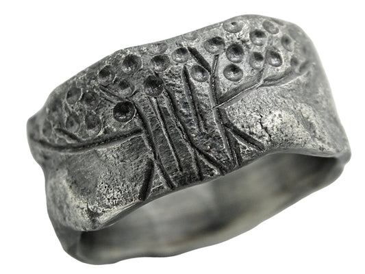 unique mens wedding band dark oxidized sterling silver hand engraved with tree of life design