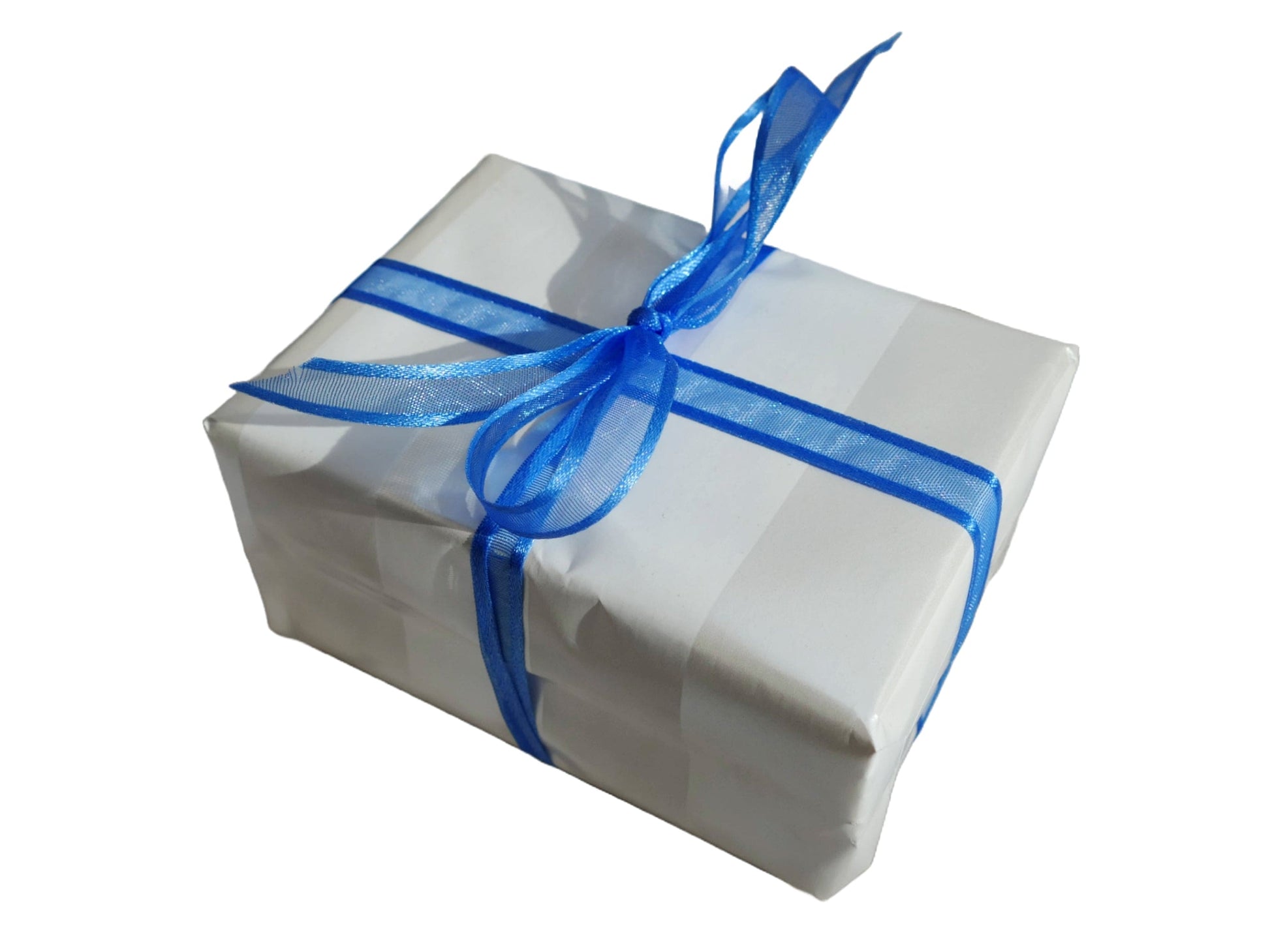 Gift wrapped jewelry box with light wrapping paper and blue bow gift wrap option