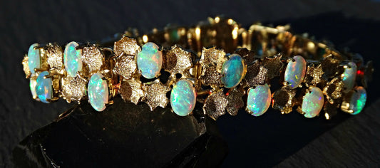 unique gold opal bracelet, floral opal bracelet gold, Australian opal bracelet, artisan Australian opal jewelry, anniversary gift for wife - CrazyAss Jewelry Designs