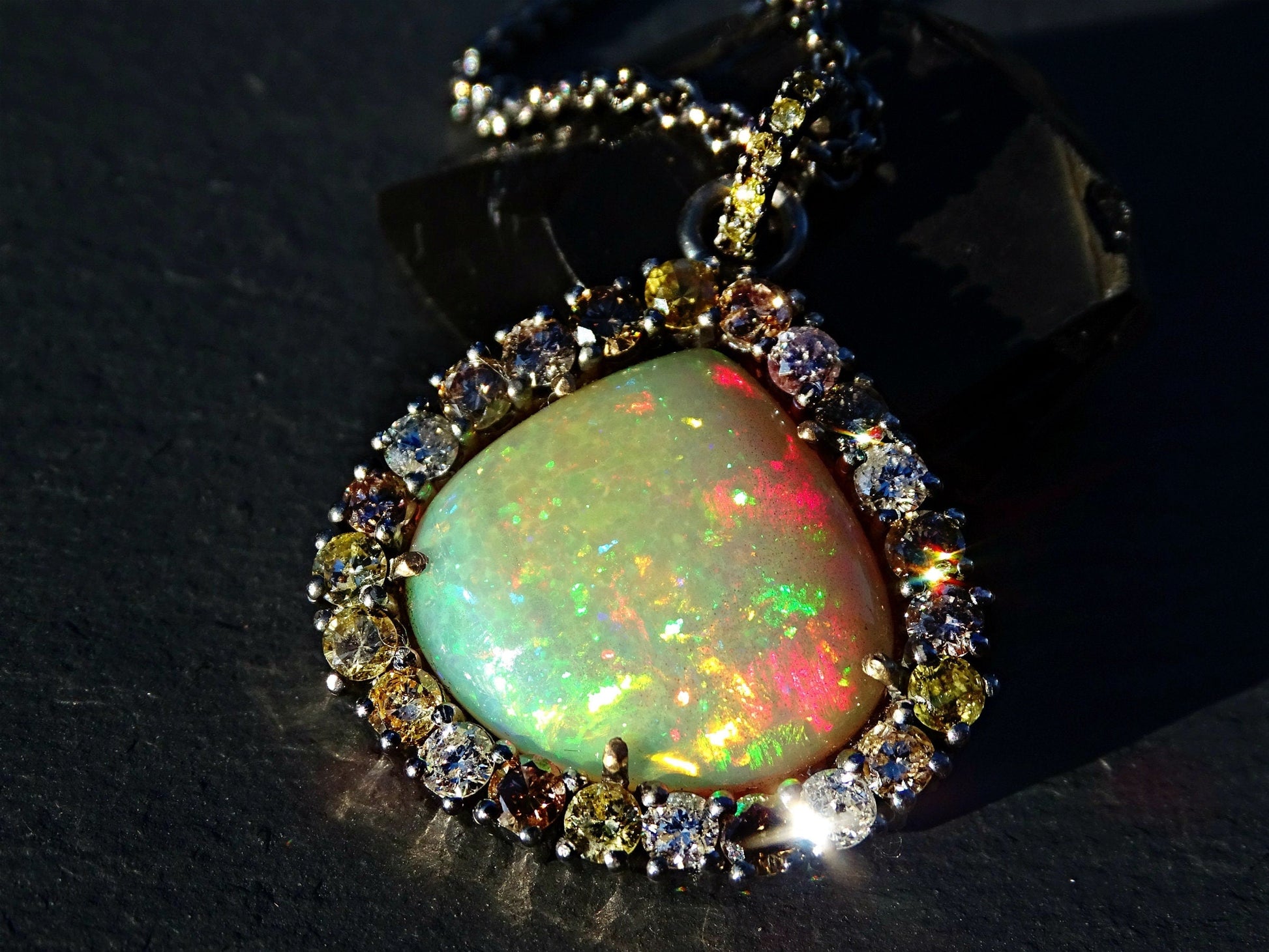 Luxurious opal diamond necklace with Ethiopian opal and multicolored fancy diamonds on rhodium plated sterling silver chain