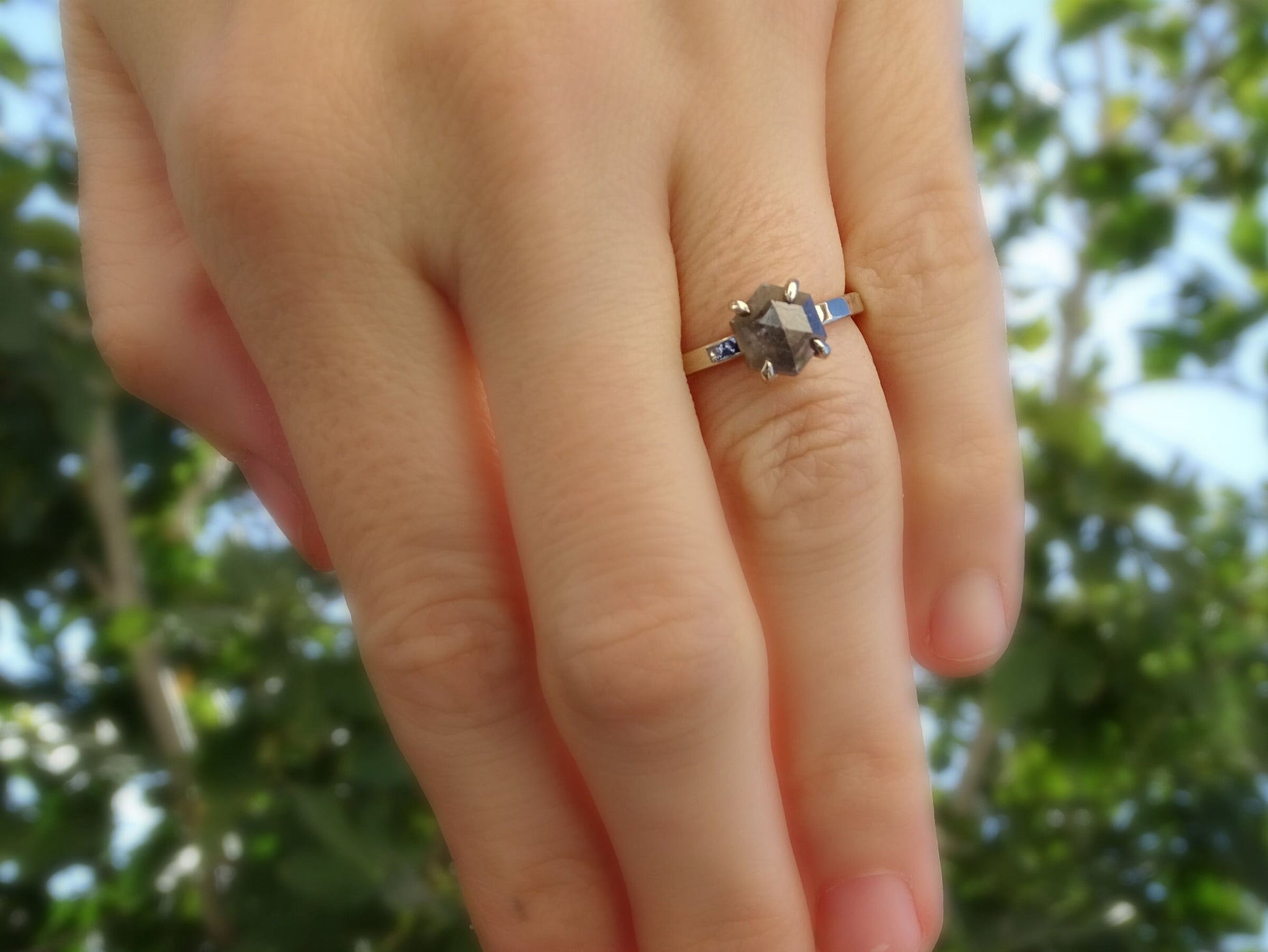 hexagon diamond engagement ring, white gold engagement ring, salt and pepper diamond ring, natural diamond ring, modern diamond ring gold - CrazyAss Jewelry Designs