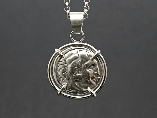 ancient Greek silver drachm coin pendant featuring Alexander the Great with minimalist sterling silver setting and chain