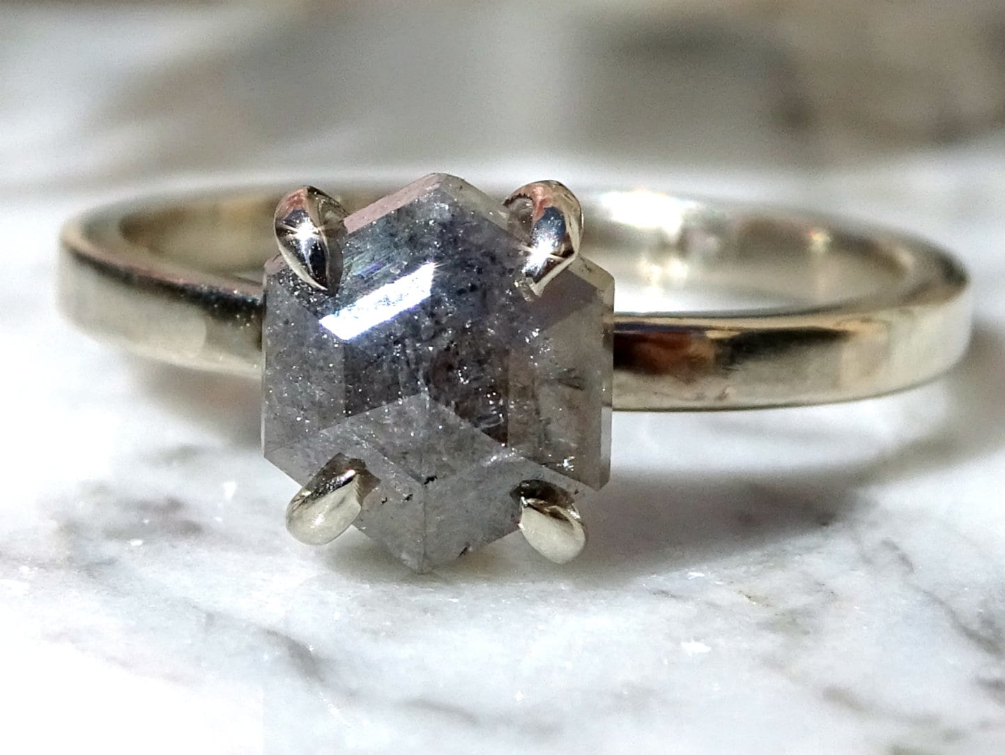 14k white gold hexagon salt and pepper diamond engagement ring with rose cut 1.93 carats stone on a minimalist band