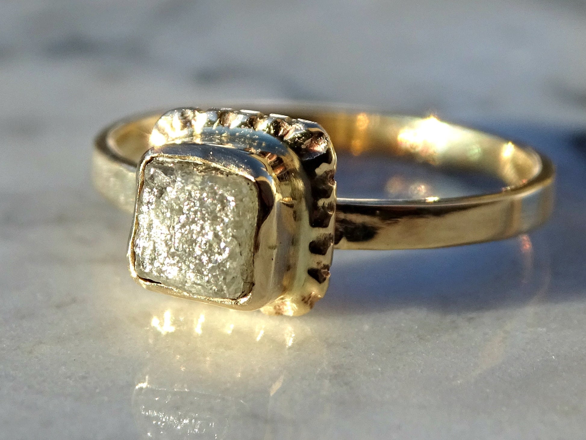 yellow gold diamond ring, raw diamond cube ring gold