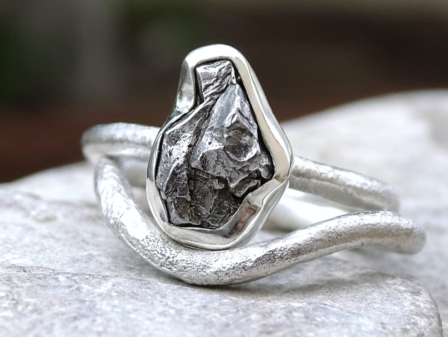 sterling silver meteorite ring with irregular Campo del Cielo iron nugget and molten band