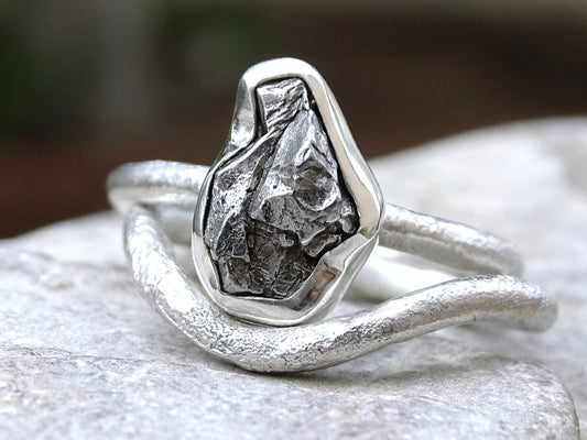 sterling silver meteorite ring with irregular Campo del Cielo iron nugget and molten band