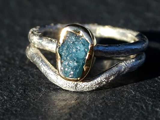 blue diamond ring gold silver ring, unique engagement ring diamond engagement ring, raw diamond ring stacking ring anniversary gift for her - CrazyAss Jewelry Designs