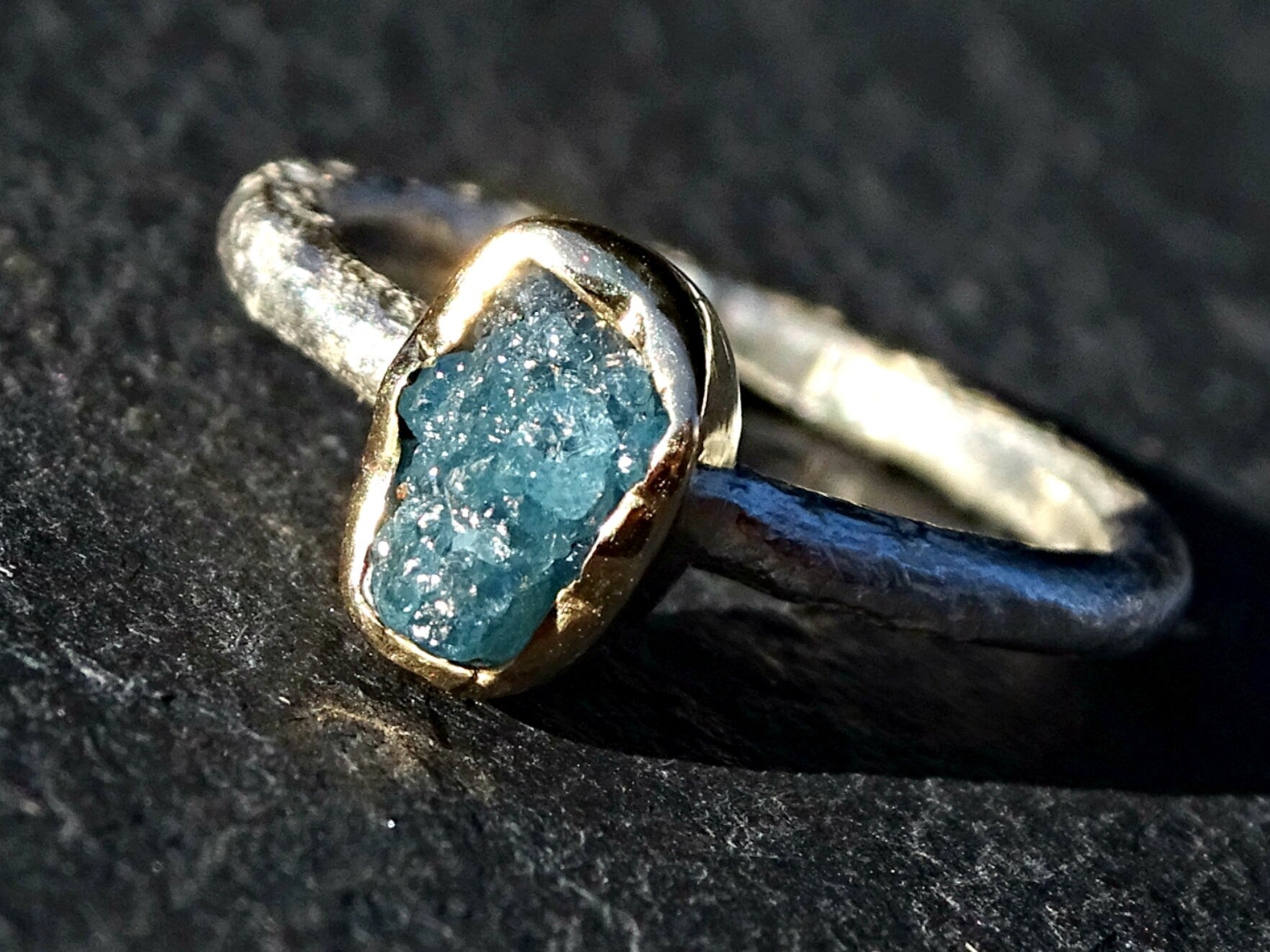 blue diamond ring gold silver ring, unique engagement ring diamond engagement ring, raw diamond ring stacking ring anniversary gift for her - CrazyAss Jewelry Designs