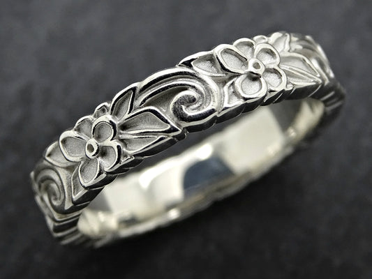 sterling silver flower wedding ring with 3D floral and leaf pattern eternity band for women