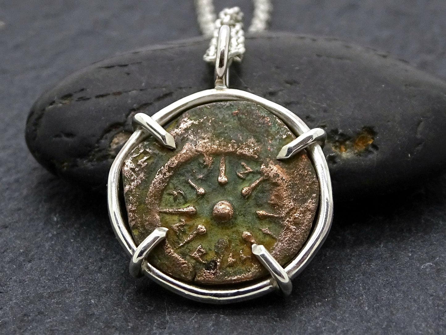 real widows mite coin pendant with ancient bronze coin set in sterling silver frame on a chain