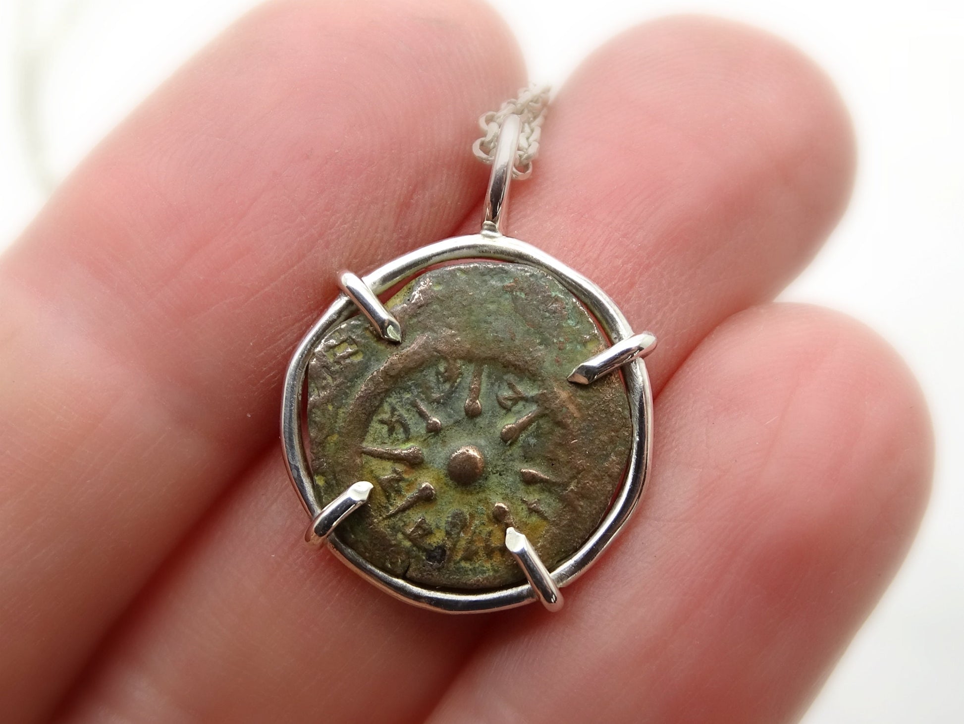 real widows mite coin pendant set in silver, small bronze coin pendant, biblical coin pendant, Judaea coin silver necklace gift for women - CrazyAss Jewelry Designs