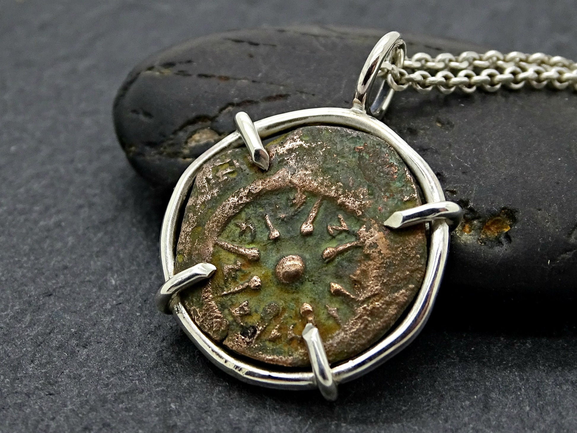 real widows mite coin pendant set in silver, small bronze coin pendant, biblical coin pendant, Judaea coin silver necklace gift for women - CrazyAss Jewelry Designs